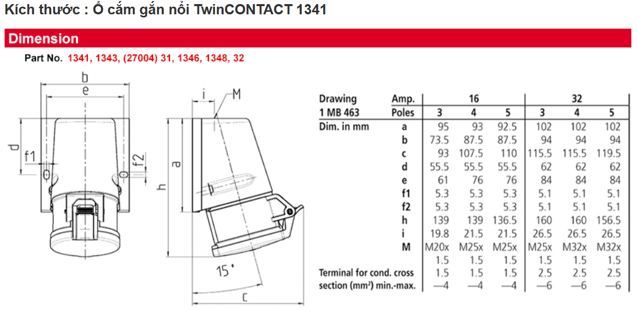 Ổ Cắm Gắn Nổi 3P 16A IP44 Mennekes - 1341